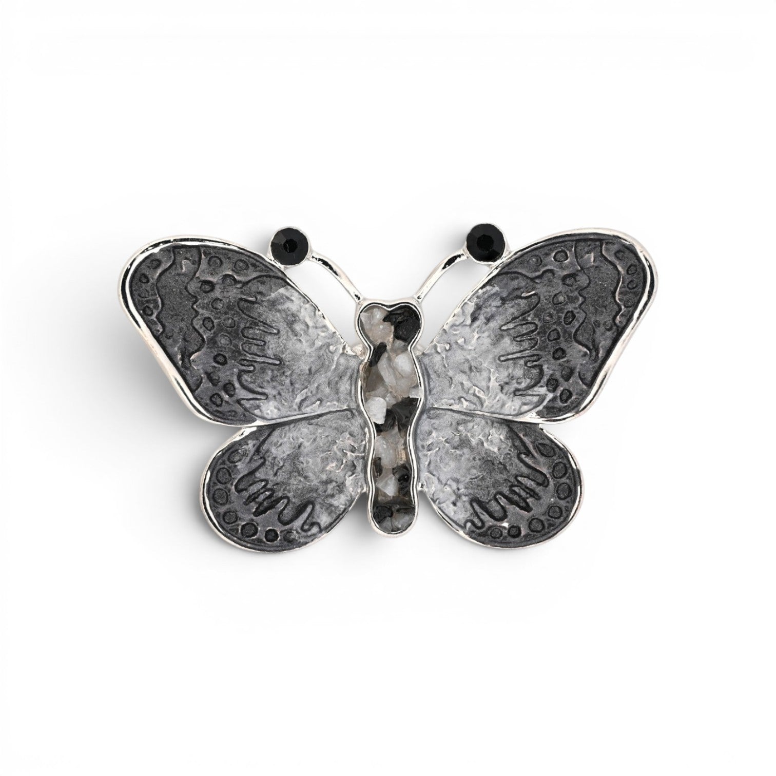 Magnetische Schmetterling-Brosche in Silber und Grau mit ziselierten Flügeln, 6,5 cm breit