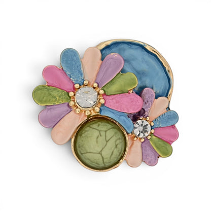 Magnetische Blumen-Brosche mit bunten emaillierten Blüten, Strass und grünem Cabochon