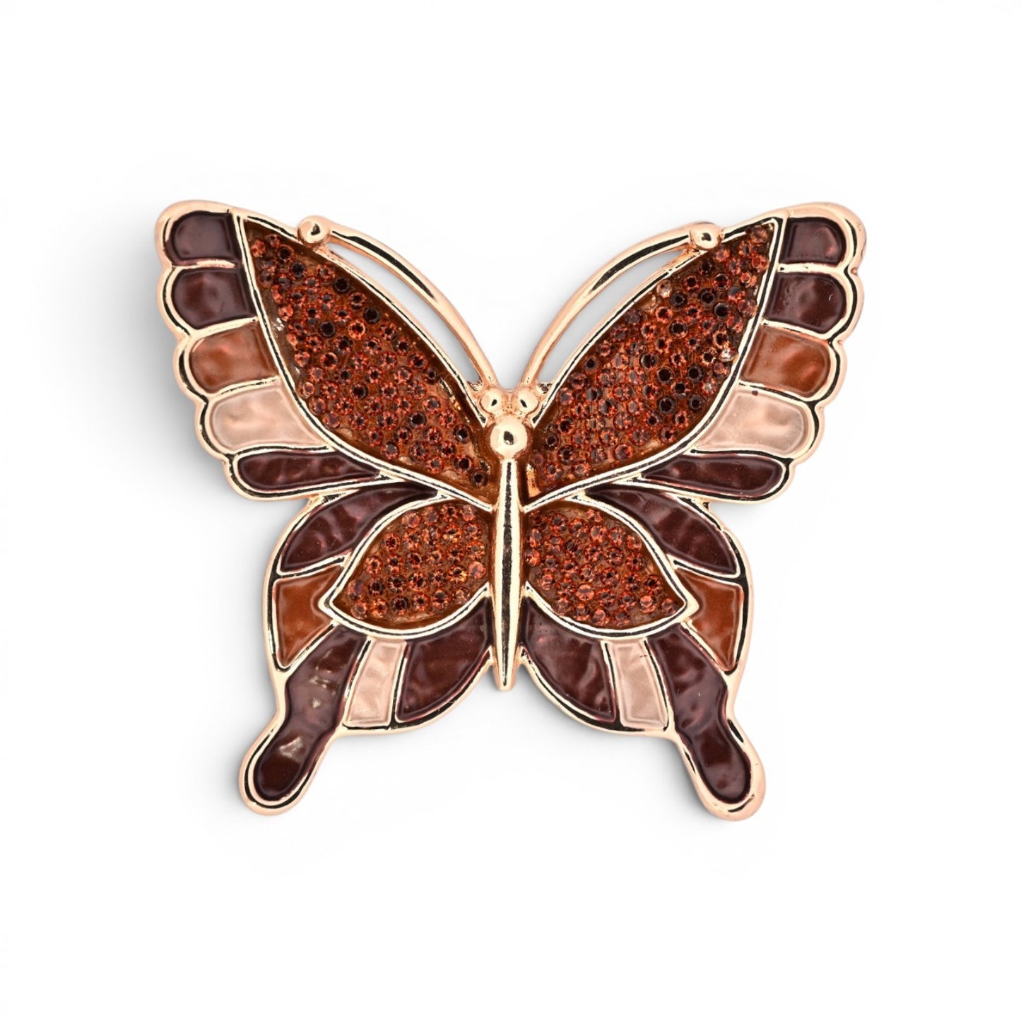 Magnetische Schmetterling-Brosche in Bernstein- und Brauntönen mit goldener Fassung, 5,5 cm