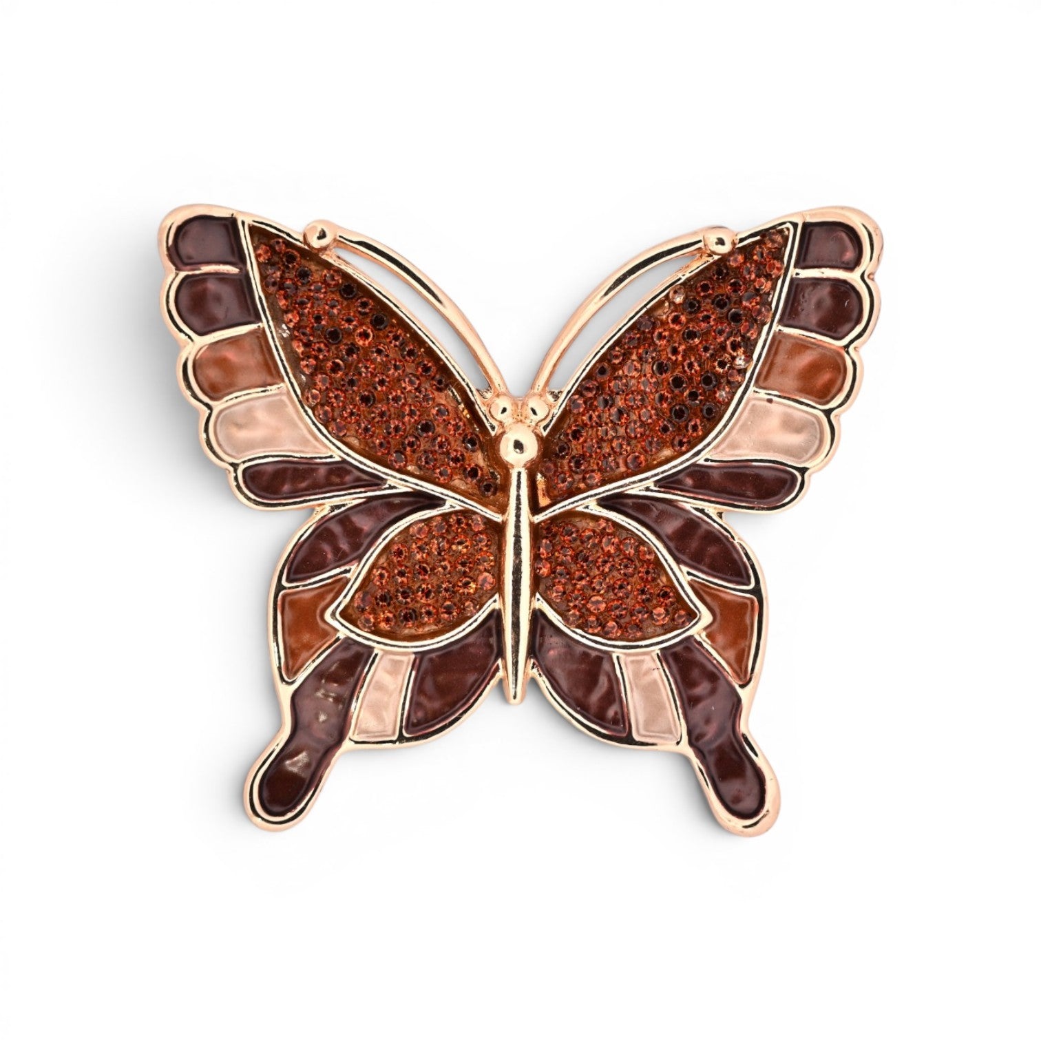 Magnetische Schmetterling-Brosche in Bernstein- und Brauntönen mit goldener Fassung, 5,5 cm