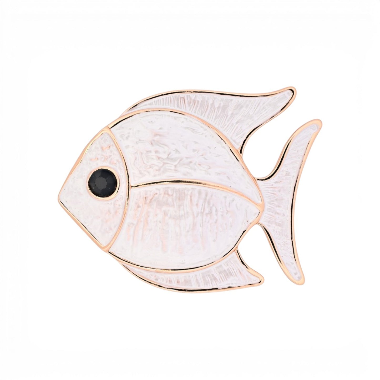 Magnetische Fisch-Brosche in Perlweiß mit goldenen Konturen und schwarzem Auge