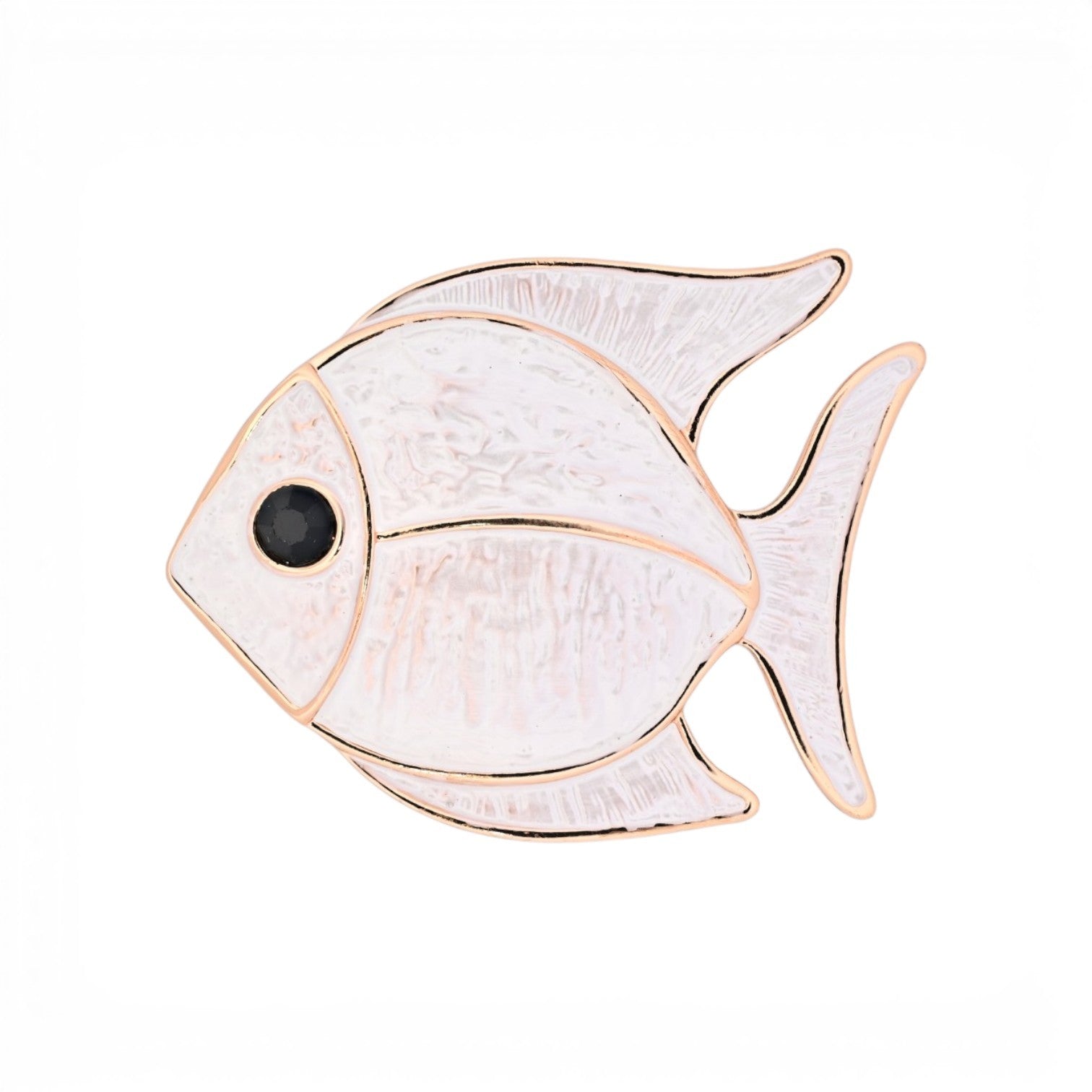 Magnetische Fisch-Brosche in Perlweiß mit goldenen Konturen und schwarzem Auge