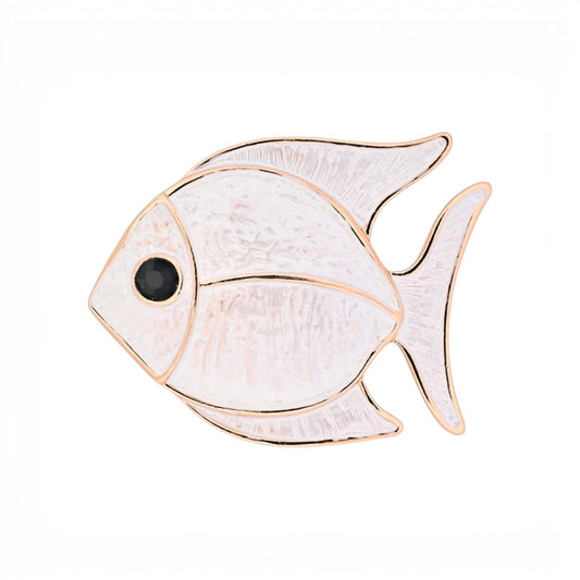 Magnetische Fisch-Brosche in Perlweiß mit goldenen Konturen und schwarzem Auge