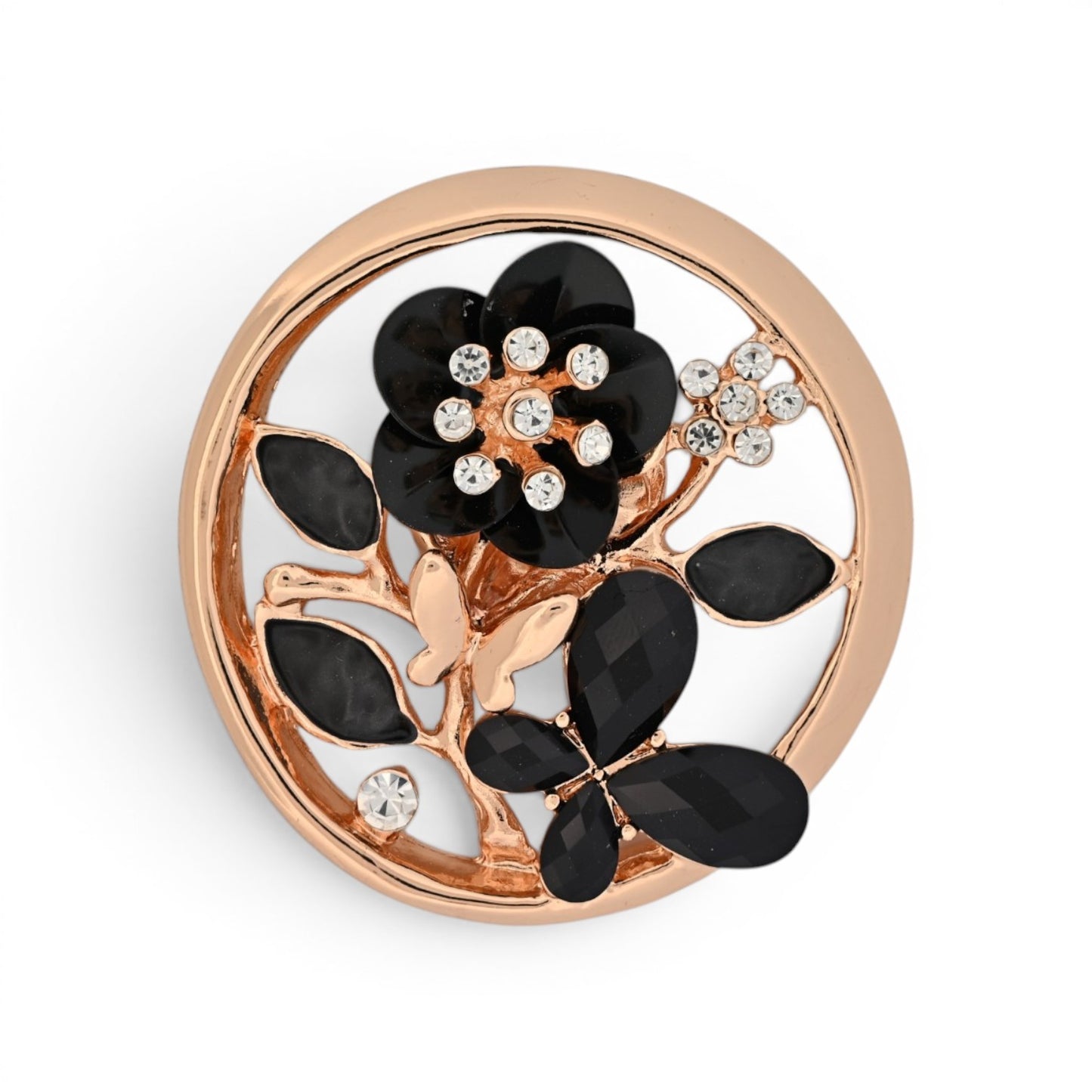 Magnetische runde Blumen-Brosche mit schwarzer Blüte, Schmetterling und Kristallen in Roségold