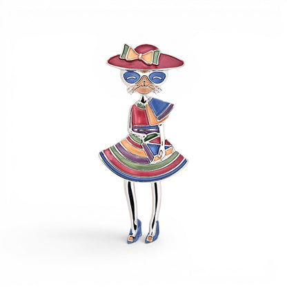 Magnetische Brosche als Damensilhouette mit Hut und buntem Regenbogenkleid, 9 cm hoch