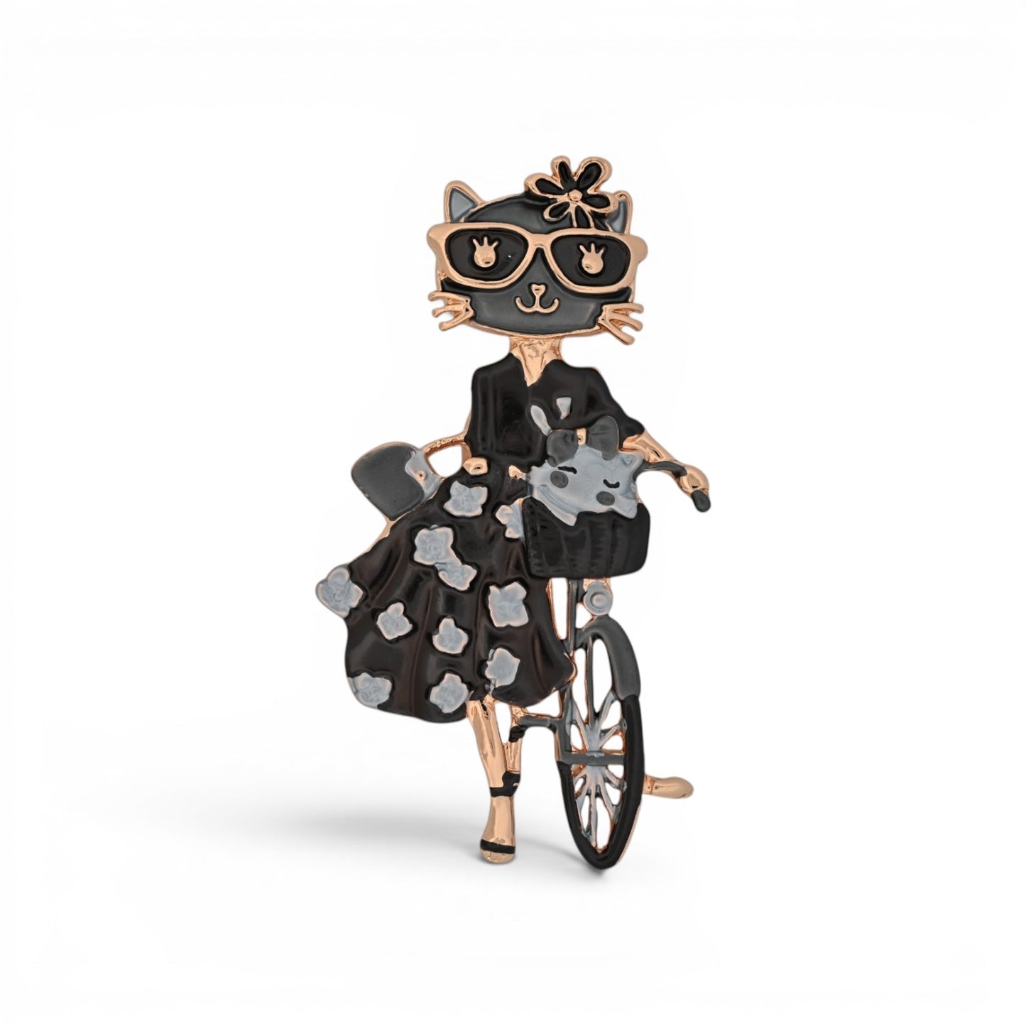 Magnetische Katzen-Brosche, Katze auf Fahrrad mit Kätzchen im Korb und Blumenkleid