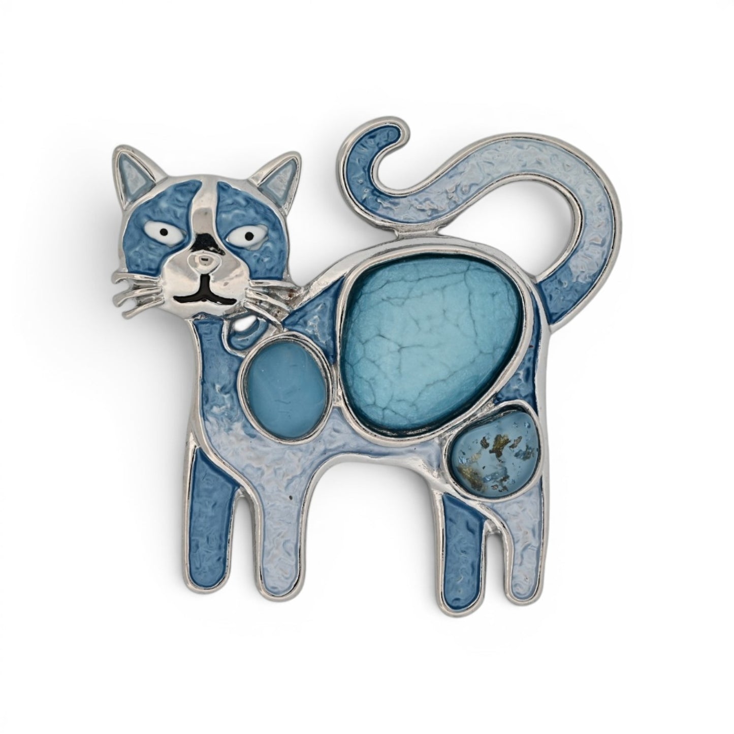 Magnetische Katzen-Brosche, verspielte Katze in Blautönen mit erhobenem Schwanz, 5,5 cm