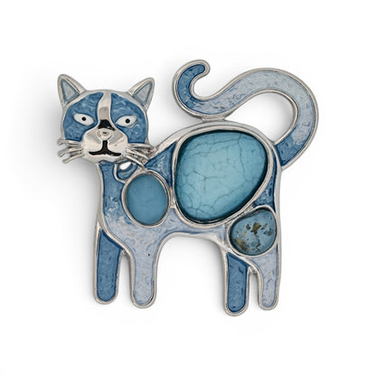 Magnetische Katzen-Brosche, verspielte Katze in Blautönen mit erhobenem Schwanz, 5,5 cm