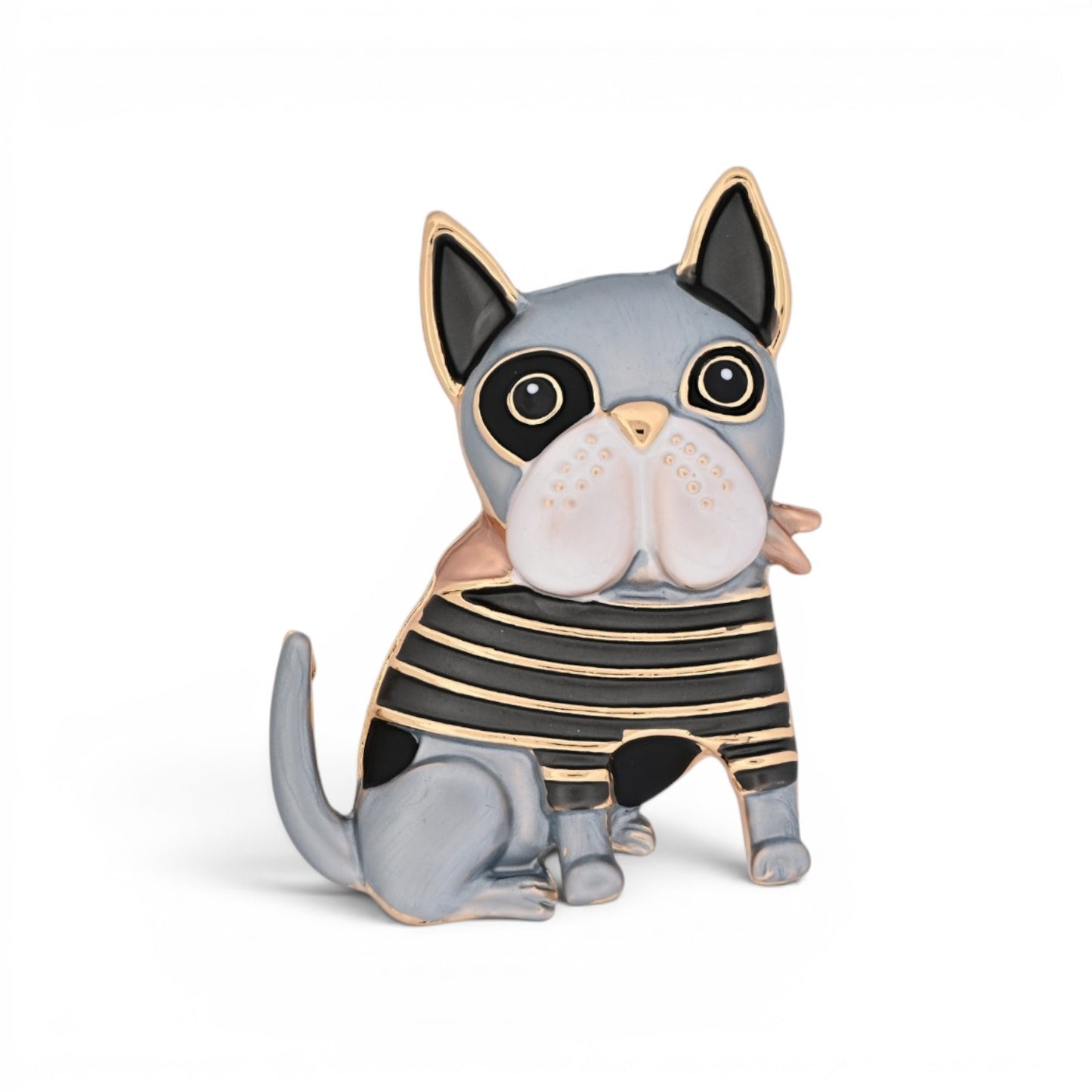 Magnetische Hunde-Brosche als sitzender Hund in Grau, Schwarz und Gold mit Ringelshirt, 5,3 cm