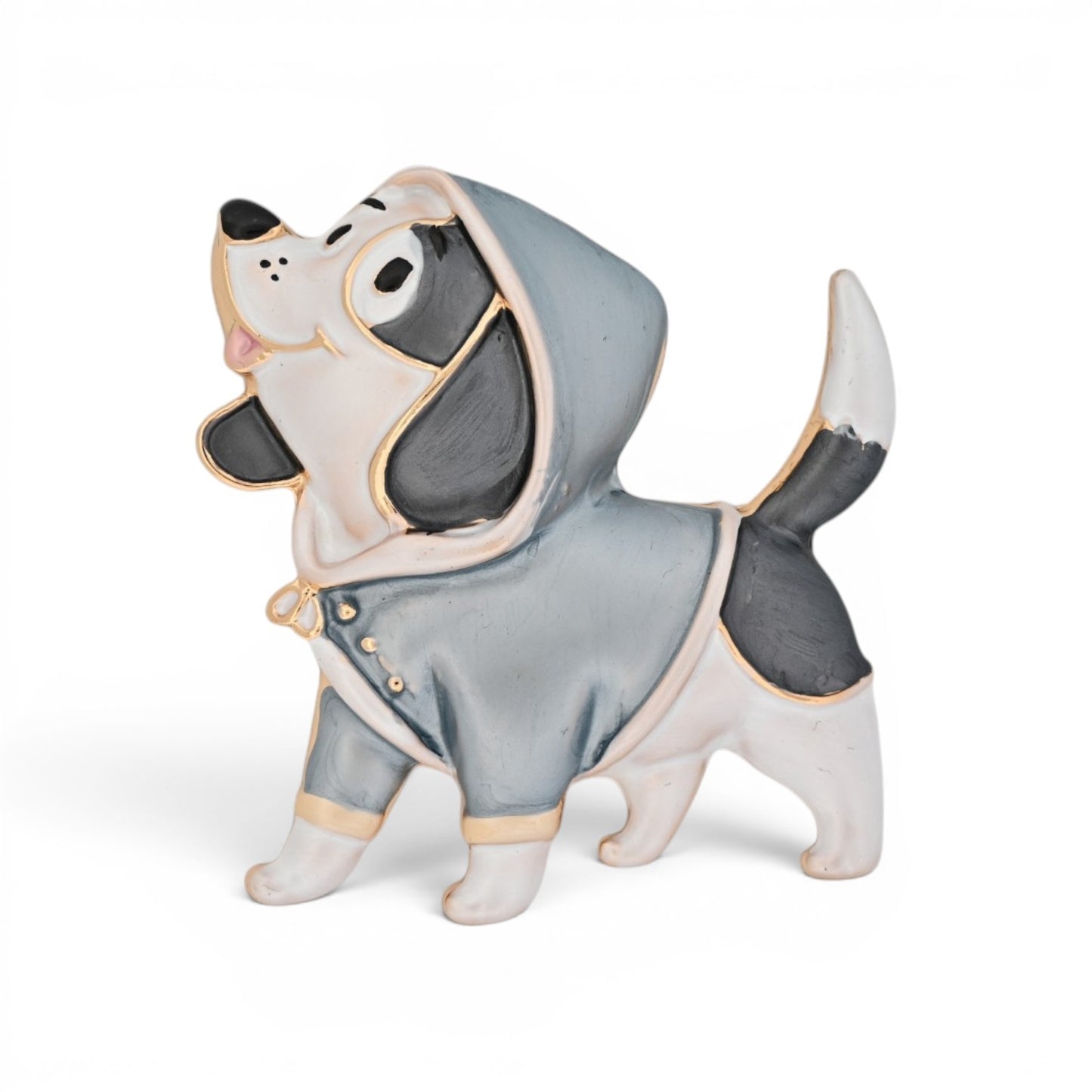 Magnetische Hunde-Brosche als stehender Hund im grauen Regenmantel mit Kapuze, 5 cm