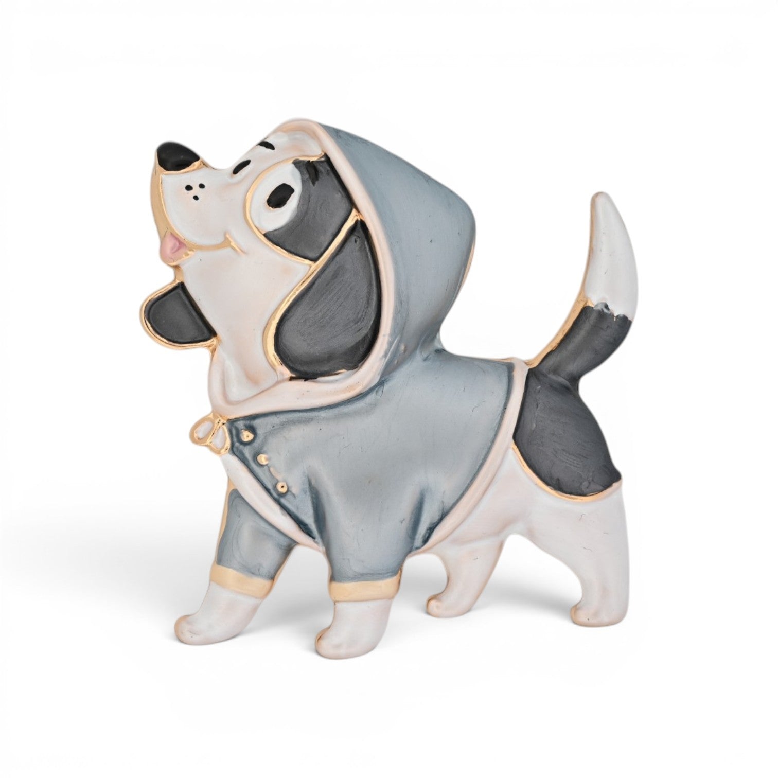 Magnetische Hunde-Brosche als stehender Hund im grauen Regenmantel mit Kapuze, 5 cm