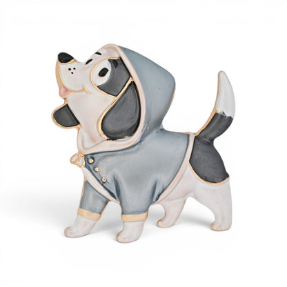 Magnetische Hunde-Brosche als stehender Hund im grauen Regenmantel mit Kapuze, 5 cm