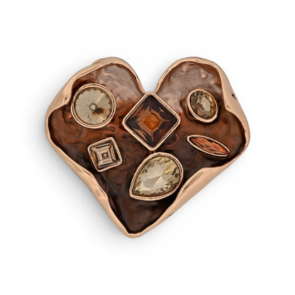 Magnetische Herz-Brosche in Bernstein und Gold mit gehämmertem Relief, 5,5 cm