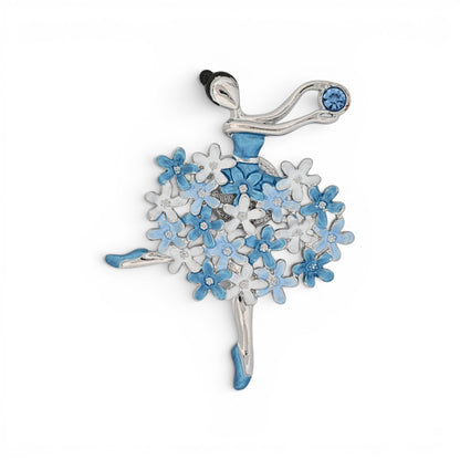 Magnetische Ballerina-Brosche mit Rock aus blauen und weißen Blüten, silberne Silhouette, 7,5 cm