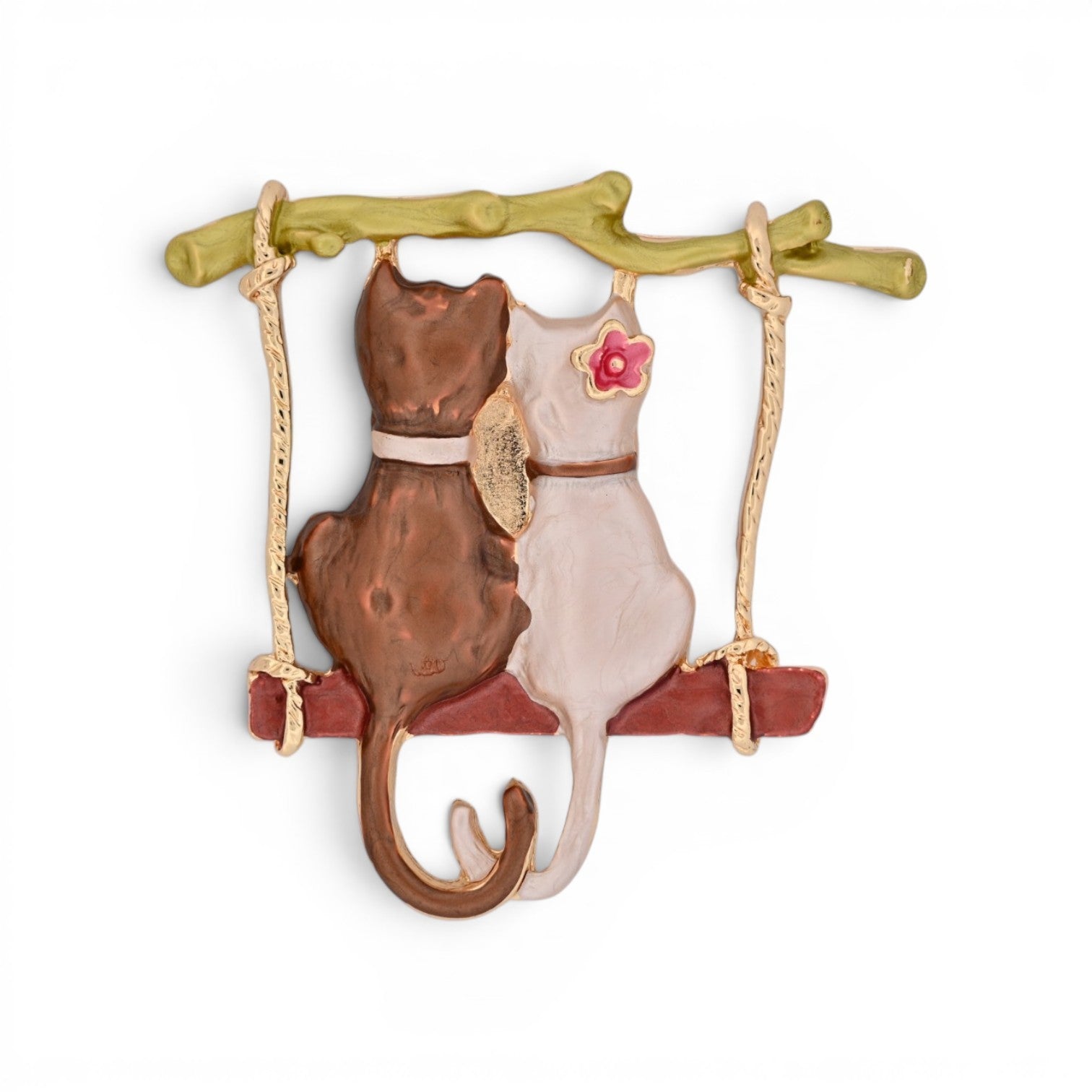 Magnetische Katzen-Brosche mit zwei Katzen auf einer Schaukel an einem grünen Zweig