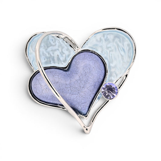 Magnetische Herz-Brosche in Hellblau und Lavendel mit glänzender silberner Kontur, 5 cm