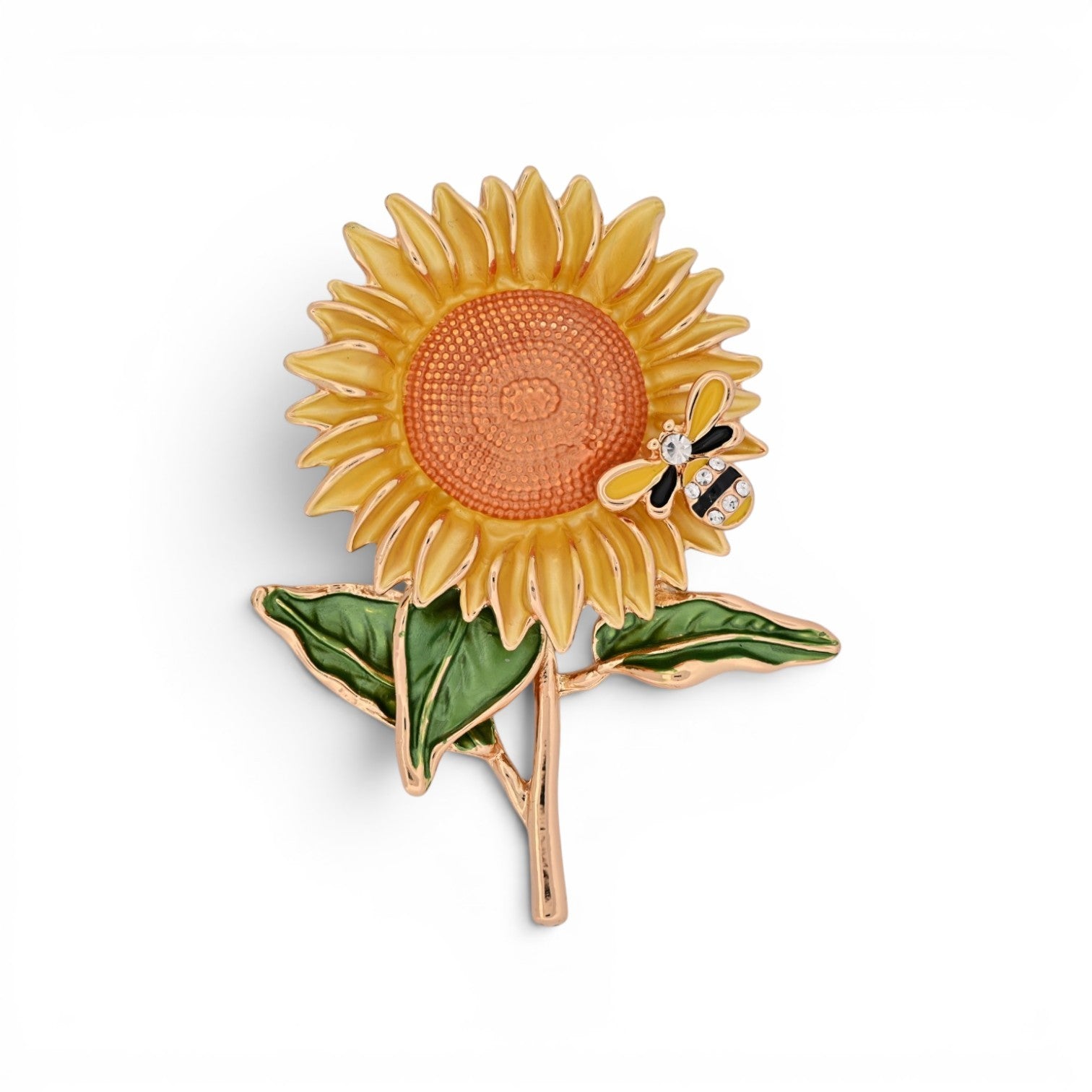 Magnetische Blumen-Brosche als Sonnenblume mit kleiner Biene, 7 cm hoch