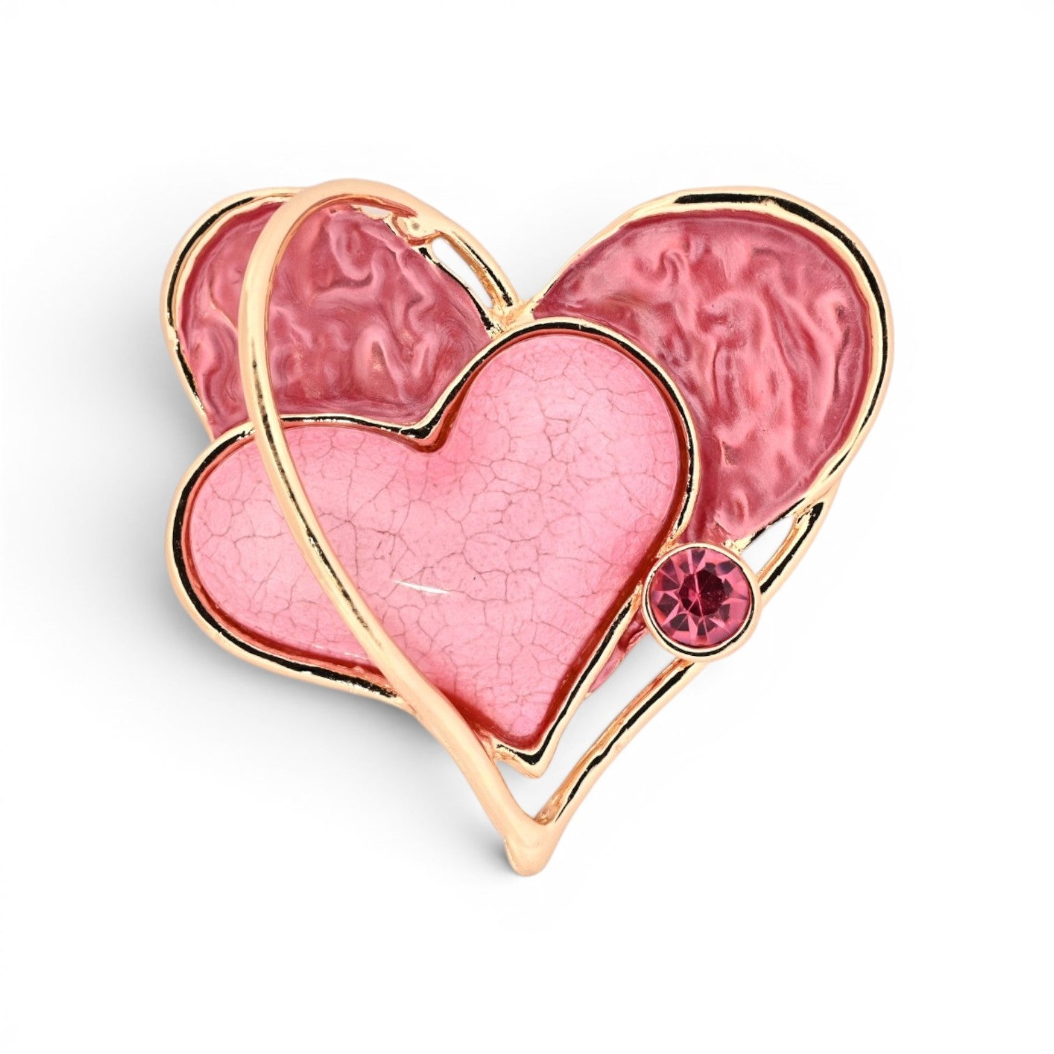 Magnetische Herz-Brosche mit drei verschlungenen rosa Herzen, rosa Kristall und goldener Kontur