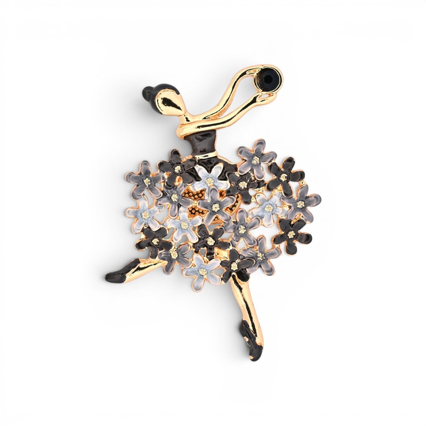 Magnetische Ballerina-Brosche mit Blumenrock in Schwarz, Grau, Weiß und goldenem Rahmen, 7,5 cm