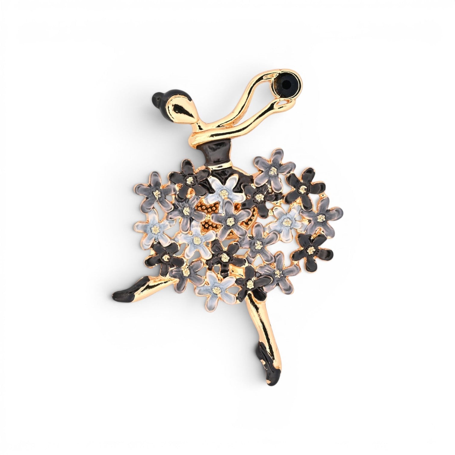 Magnetische Ballerina-Brosche mit Blumenrock in Schwarz, Grau, Weiß und goldenem Rahmen, 7,5 cm
