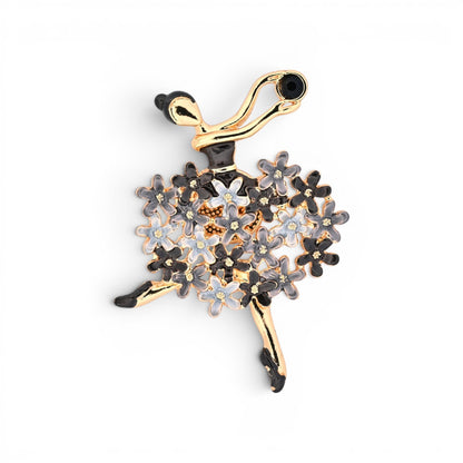 Magnetische Ballerina-Brosche mit Blumenrock in Schwarz, Grau, Weiß und goldenem Rahmen, 7,5 cm