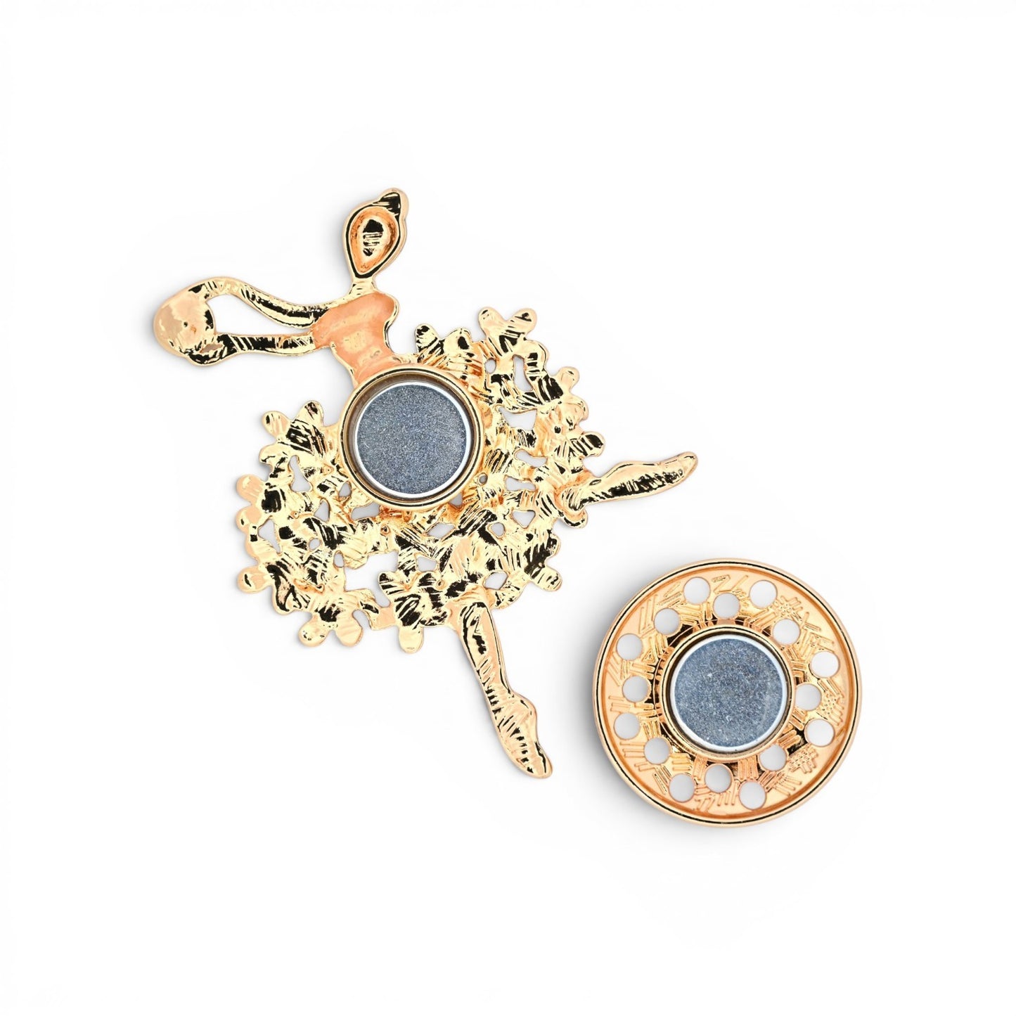 Magnetische Ballerina-Brosche mit Blumenrock in Schwarz, Grau, Weiß und goldenem Rahmen, 7,5 cm