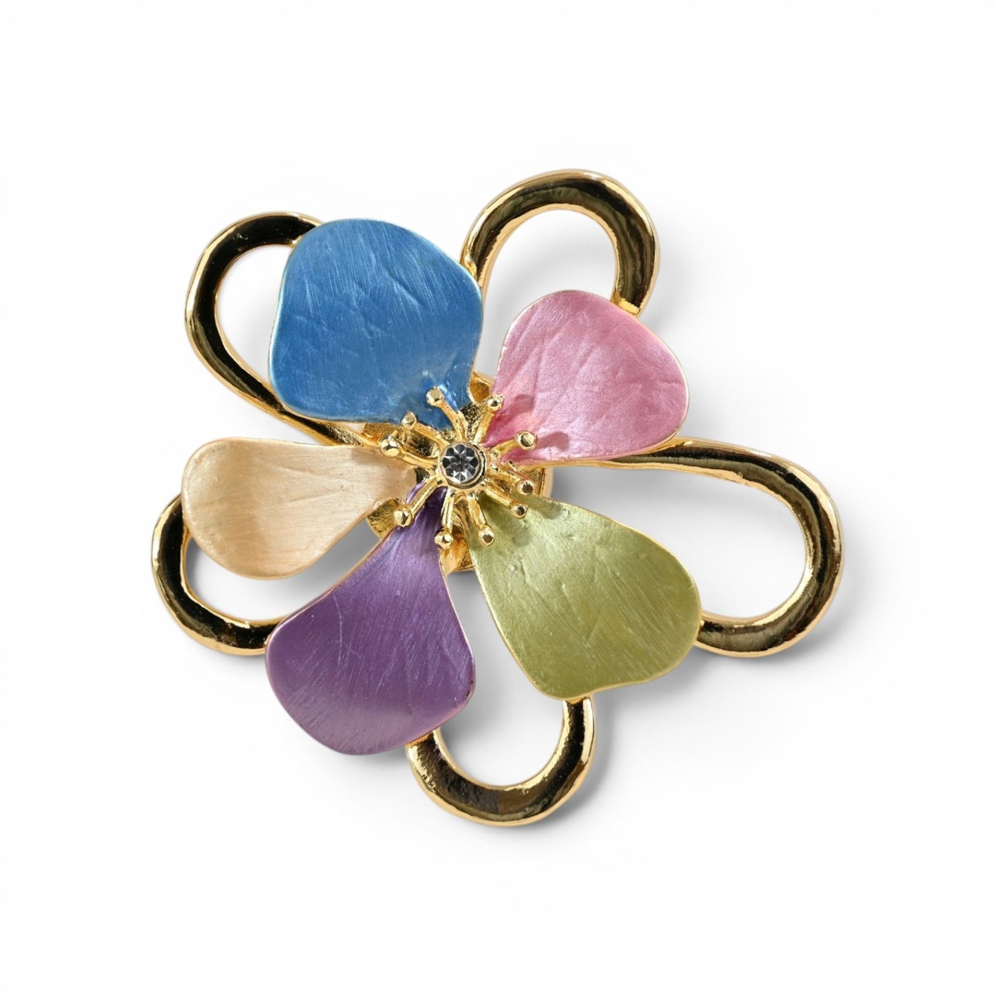 Magnetische Blumen-Brosche als erblühte Blume in Pastelltönen mit goldenem Finish und Strass, 5,5 cm