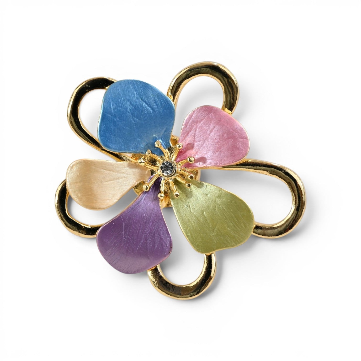 Magnetische Blumen-Brosche als erblühte Blume in Pastelltönen mit goldenem Finish und Strass, 5,5 cm