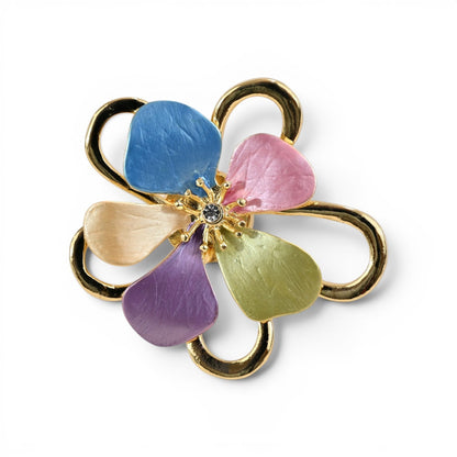 Magnetische Blumen-Brosche als erblühte Blume in Pastelltönen mit goldenem Finish und Strass, 5,5 cm
