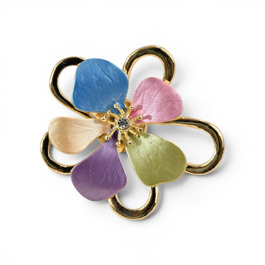Magnetische Blumen-Brosche als erblühte Blume in Pastelltönen mit goldenem Finish und Strass, 5,5 cm