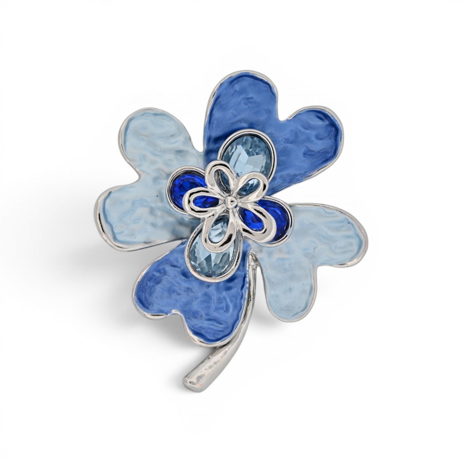 Magnetische Blumen-Brosche als blaue Blüte mit funkelnden Kristallen und silberner Fassung, 6 cm