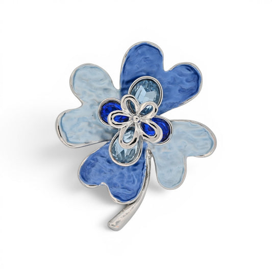 Magnetische Blumen-Brosche als blaue Blüte mit funkelnden Kristallen und silberner Fassung, 6 cm