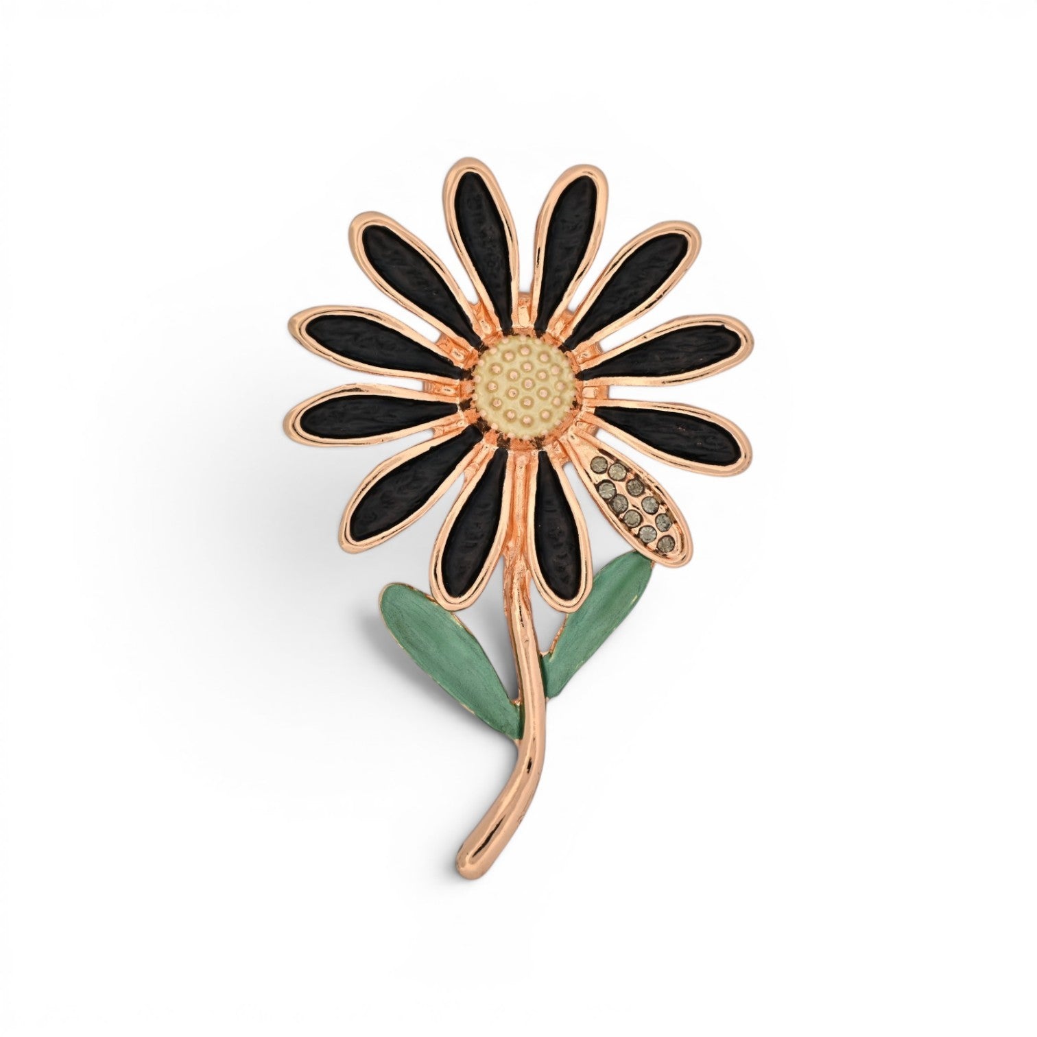 Magnetische Blumen-Brosche als Margerite mit schwarzen Blütenblättern, goldenen Konturen und hellem Herz, 6 cm