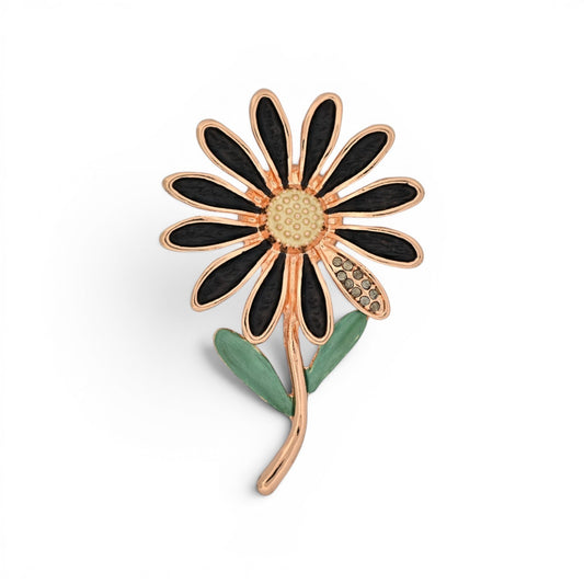 Magnetische Blumen-Brosche als Margerite mit schwarzen Blütenblättern, goldenen Konturen und hellem Herz, 6 cm
