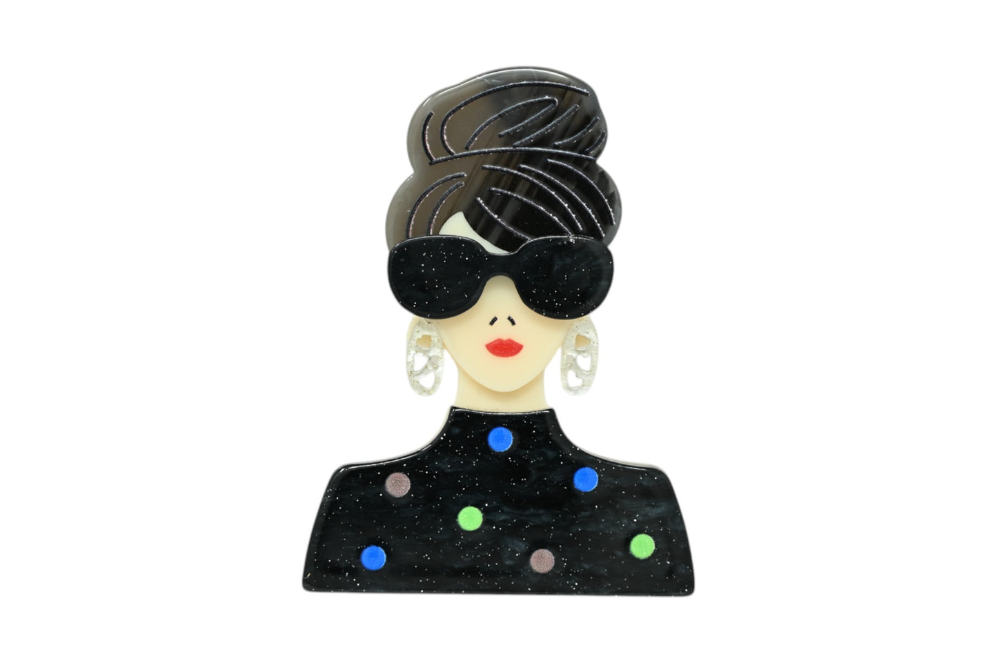 Magnetische Brosche aus Resin, elegante Retro-Damensilhouette in Schwarz und Creme, 7,5 cm hoch