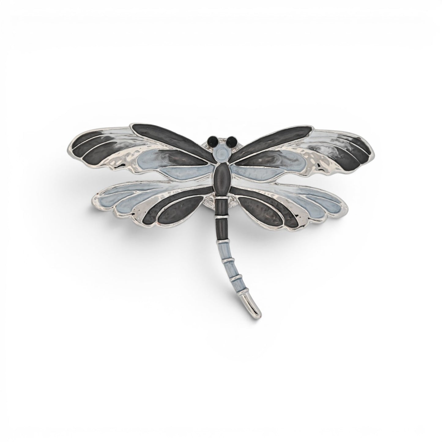 Magnetische Libellen-Brosche in Grau und Schwarz mit silberner Kontur, 7 cm breit