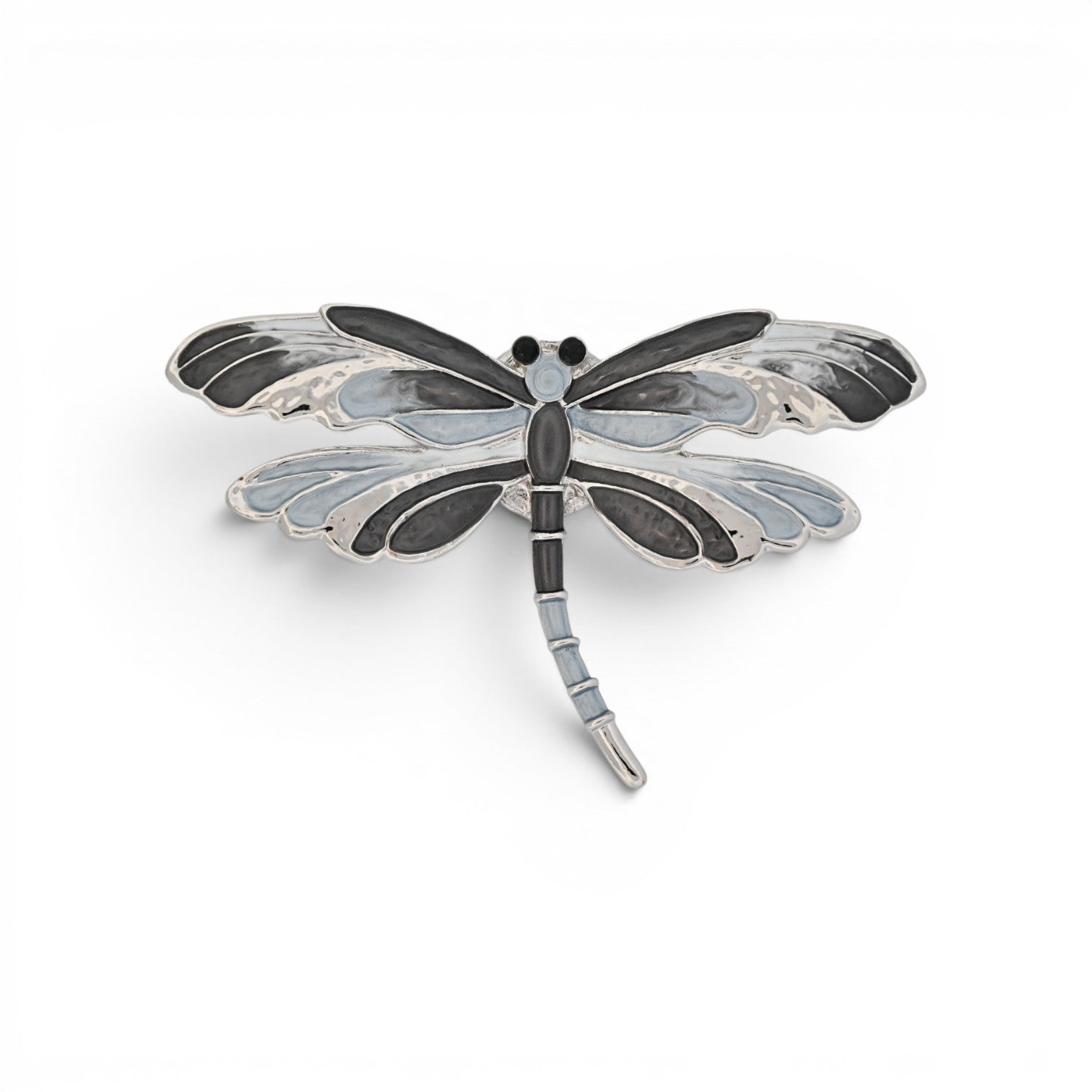 Magnetische Libellen-Brosche in Grau und Schwarz mit silberner Kontur, 7 cm breit
