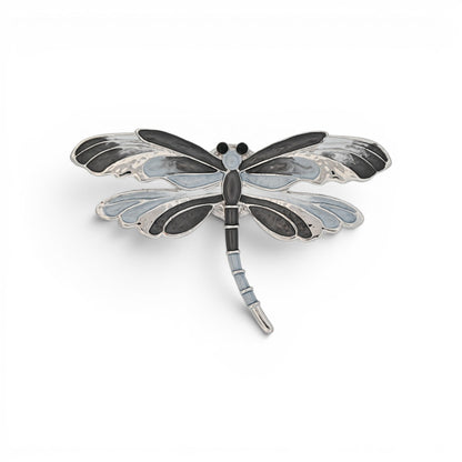 Magnetische Libellen-Brosche in Grau und Schwarz mit silberner Kontur, 7 cm breit