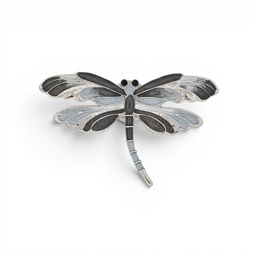 Magnetische Libellen-Brosche in Grau und Schwarz mit silberner Kontur, 7 cm breit