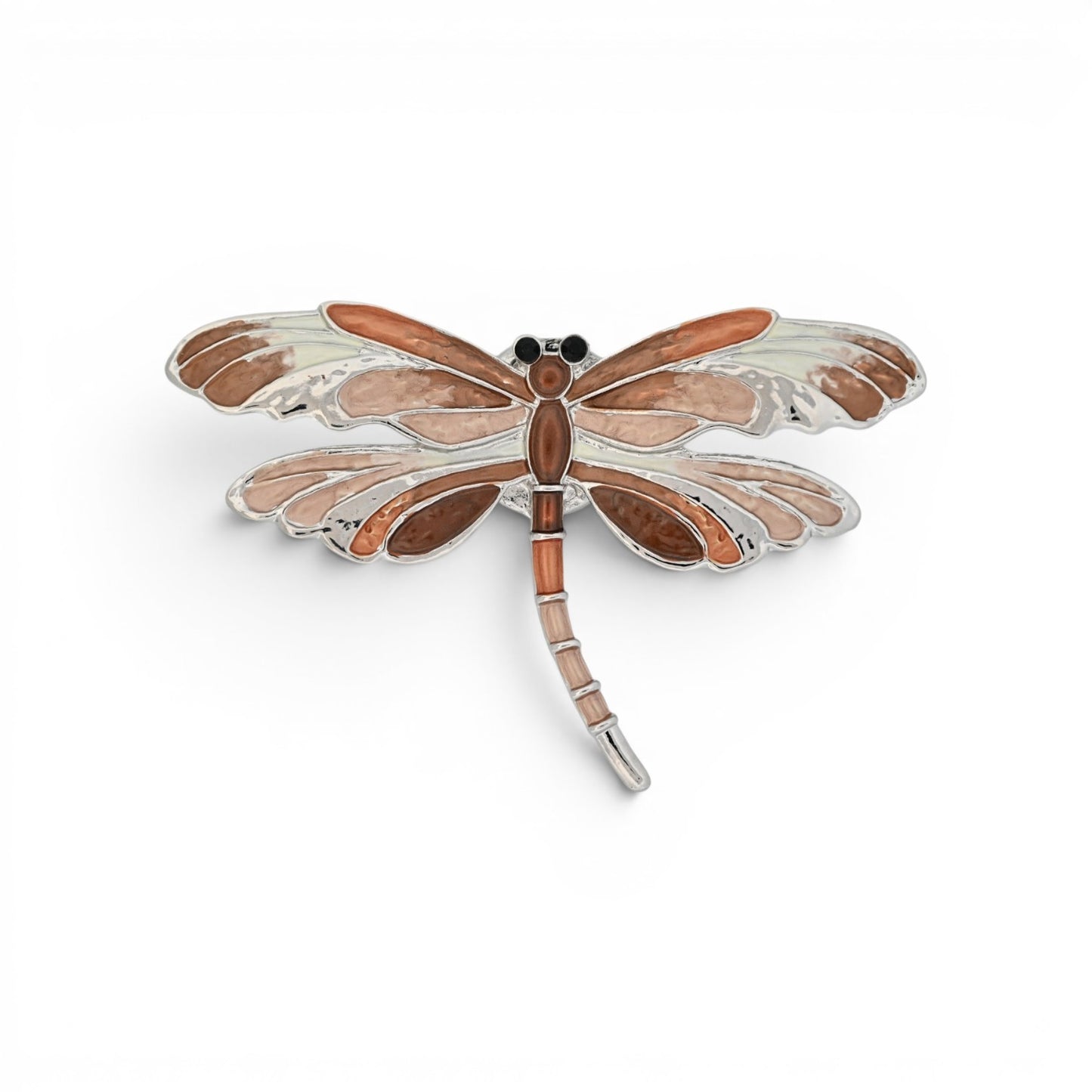 Magnetische Libellen-Brosche in Kupfer- und Silbertönen mit rosa Reflexen
