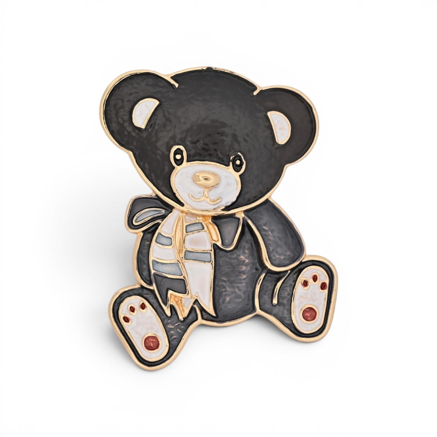 Magnetische Teddy-Brosche als sitzender Bär in Schwarz emailliert mit goldenen Konturen, 5,5 cm