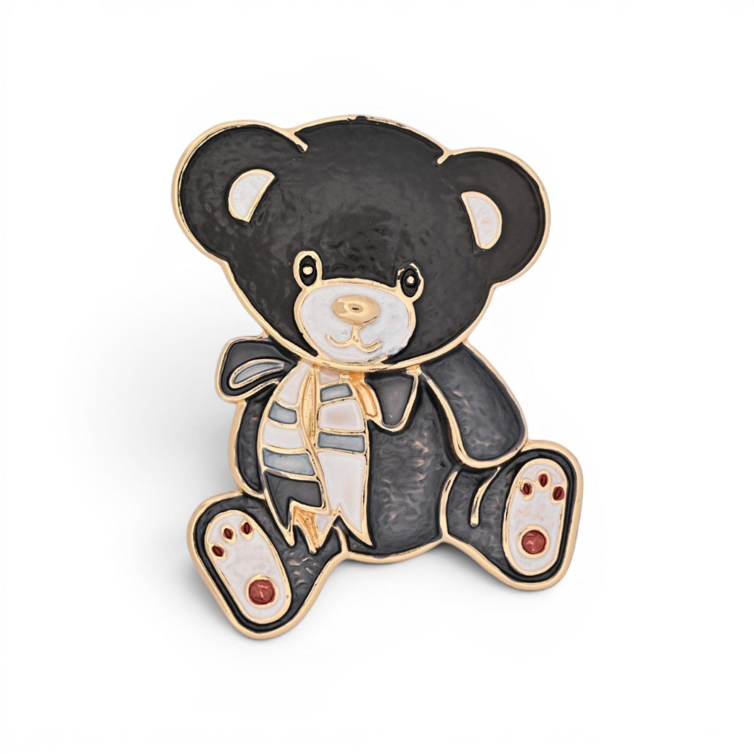Magnetische Teddy-Brosche als sitzender Bär in Schwarz emailliert mit goldenen Konturen, 5,5 cm