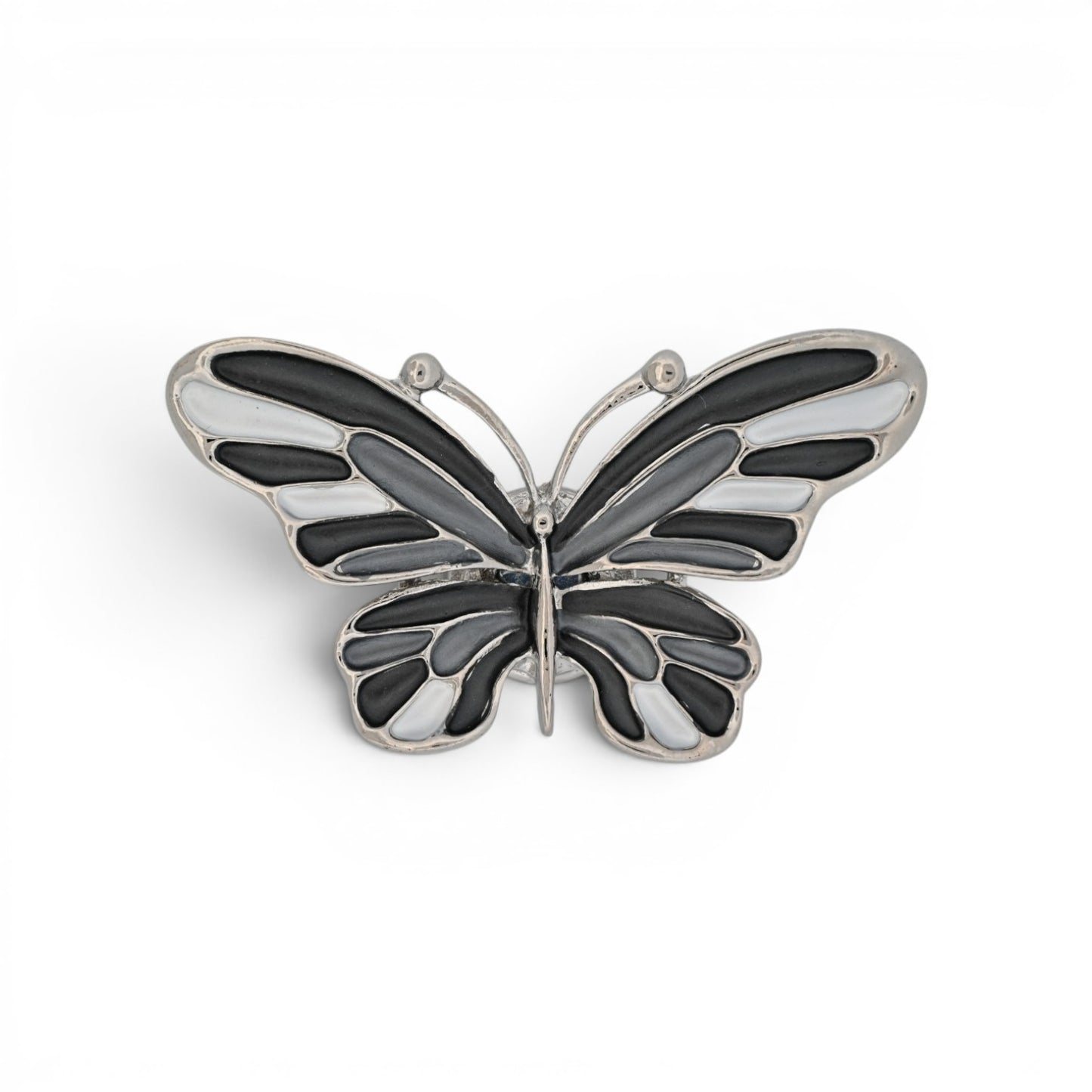 Magnetische Schmetterling-Brosche mit Flügeln in Schwarz, Grau und Weiß