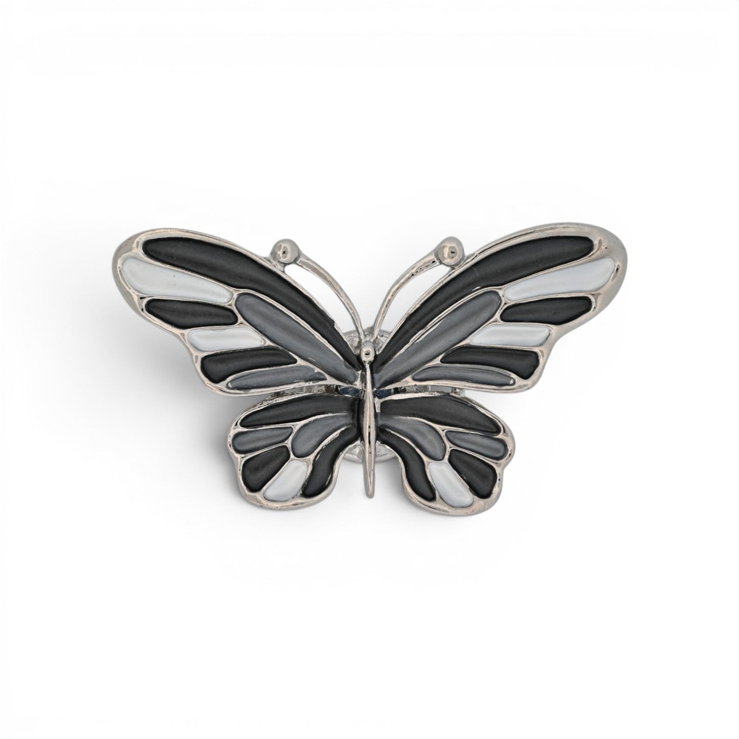Magnetische Schmetterling-Brosche mit Flügeln in Schwarz, Grau und Weiß