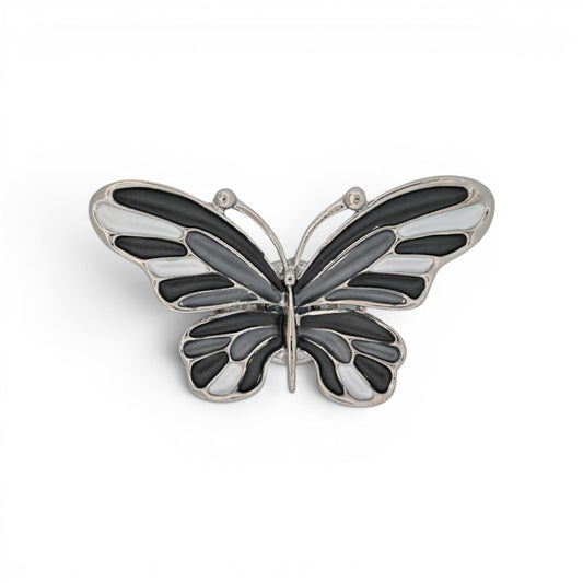 Magnetische Schmetterling-Brosche mit Flügeln in Schwarz, Grau und Weiß