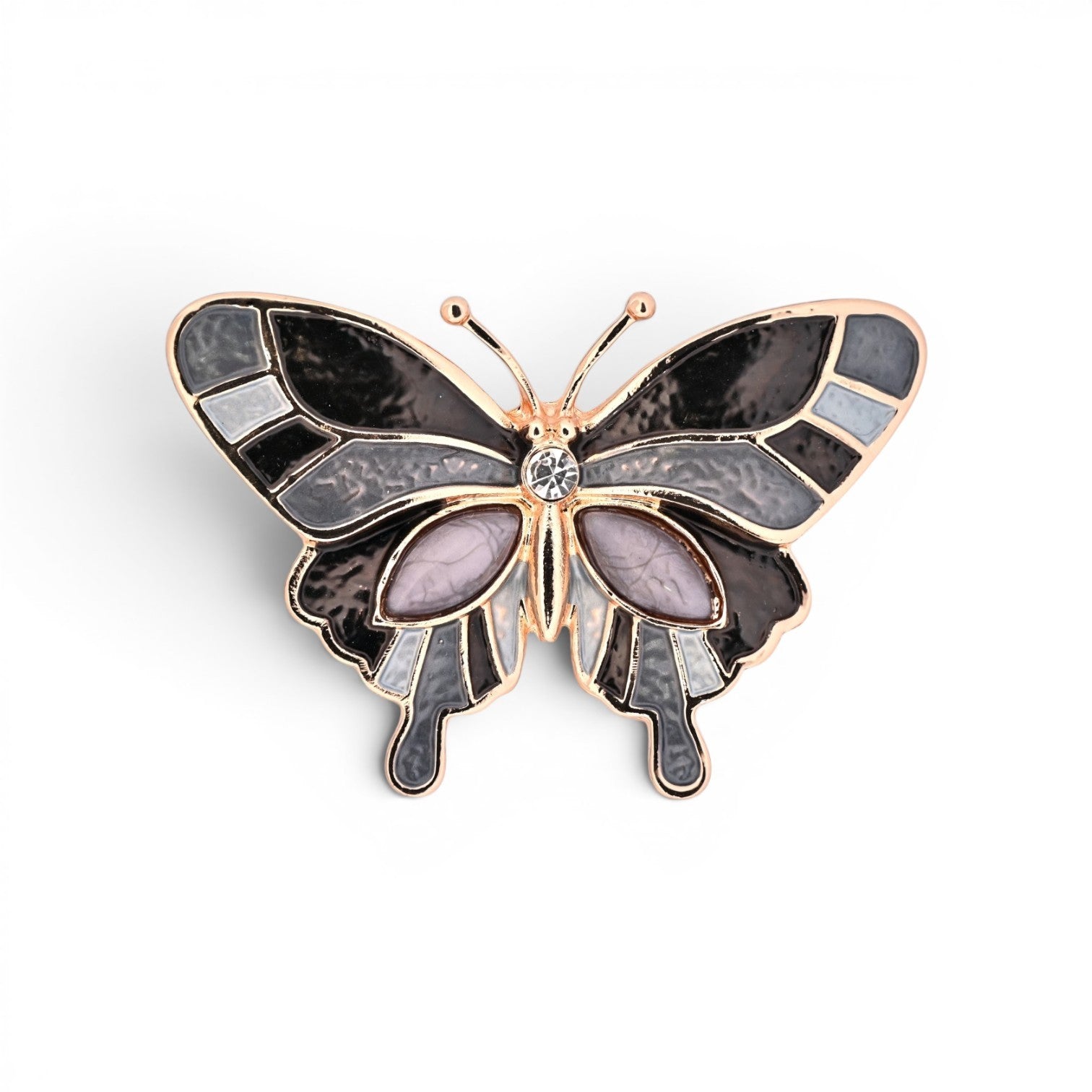Magnetische Schmetterling-Brosche mit ausgebreiteten Flügeln in Schwarz und Grau, 7 cm breit