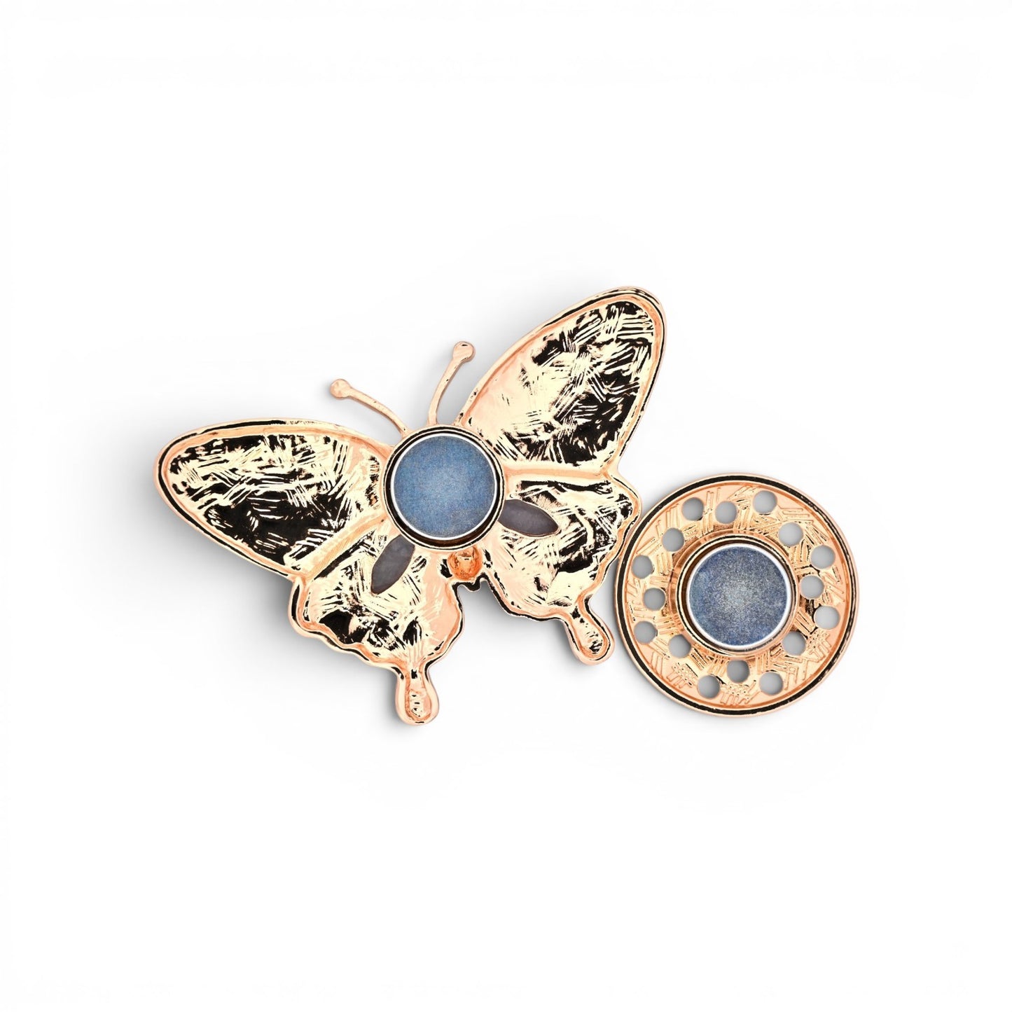 Magnetische Schmetterling-Brosche mit ausgebreiteten Flügeln in Schwarz und Grau, 7 cm breit