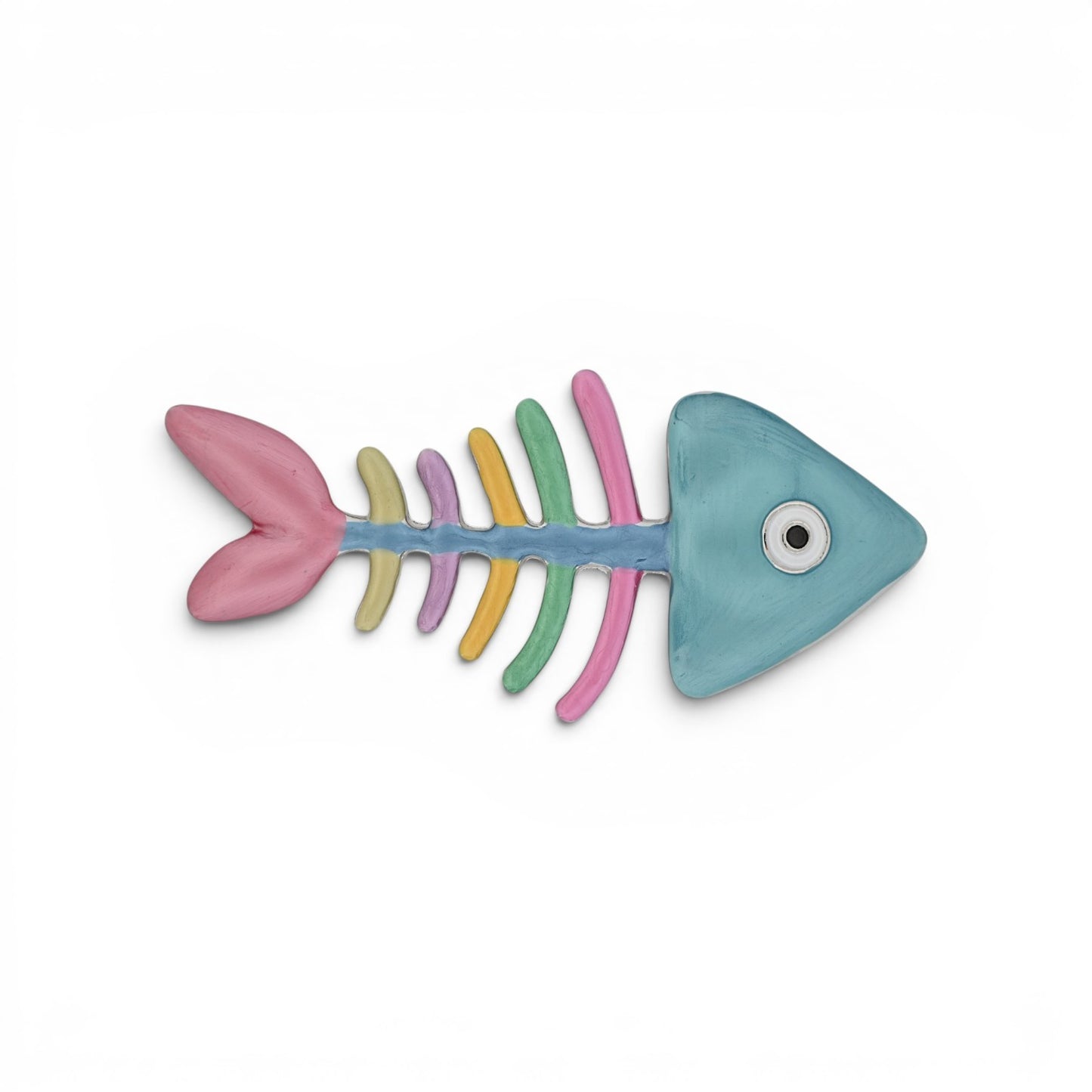 Magnetische Fisch-Brosche als bunte Gräte in Türkisblau mit Pastelltönen, 8 cm breit