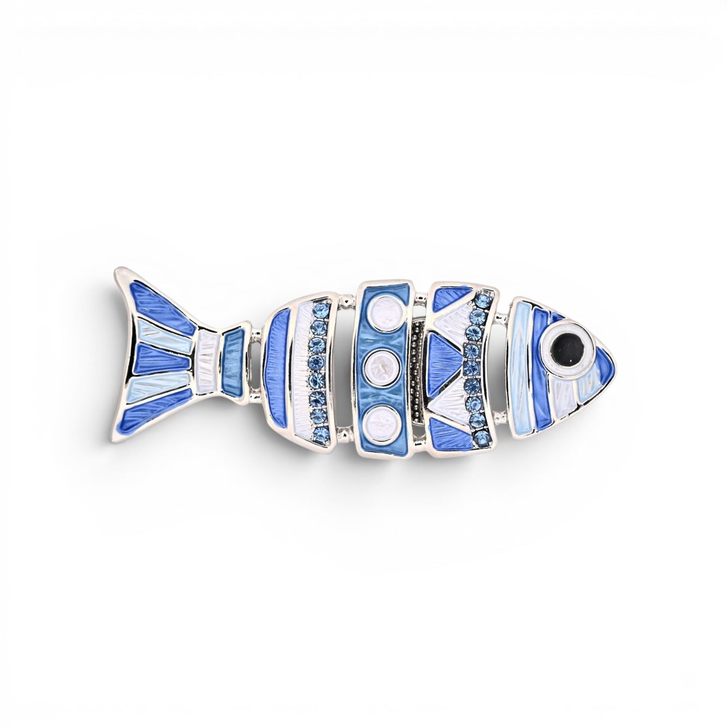 Magnetische Fisch-Brosche in Blau und Weiß mit gegliedertem Körper und glänzenden Details