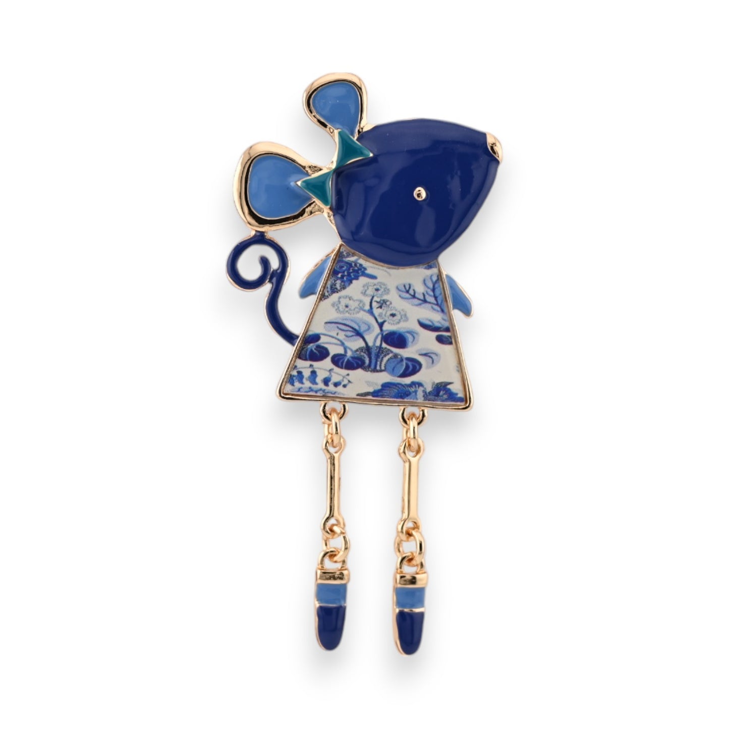 Magnetische Mäuse-Brosche aus Goldmetall in tiefem Blau mit weißen Porzellan-Mustern, 7,5 cm hoch
